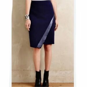 Anthropologie Bailey44 Astin Faux Wrap Pull On Skirt Elegant Navy Blue Skirt